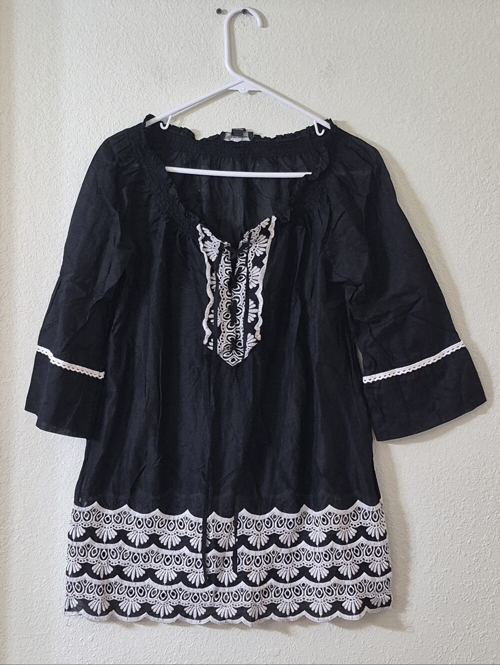 INC International Concepts Black Tunic with White Embroidered Trim